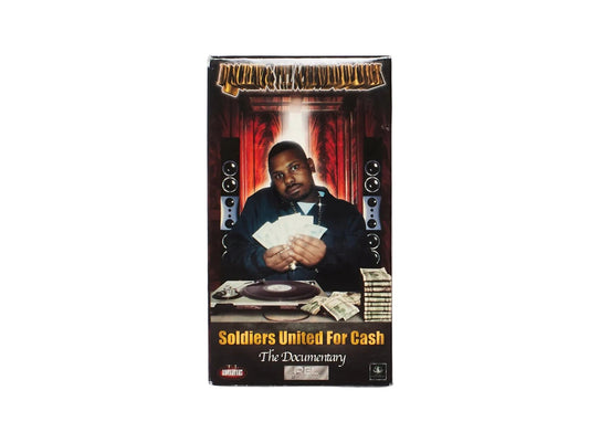 VHS tape cover with a person holding money and text on a white background